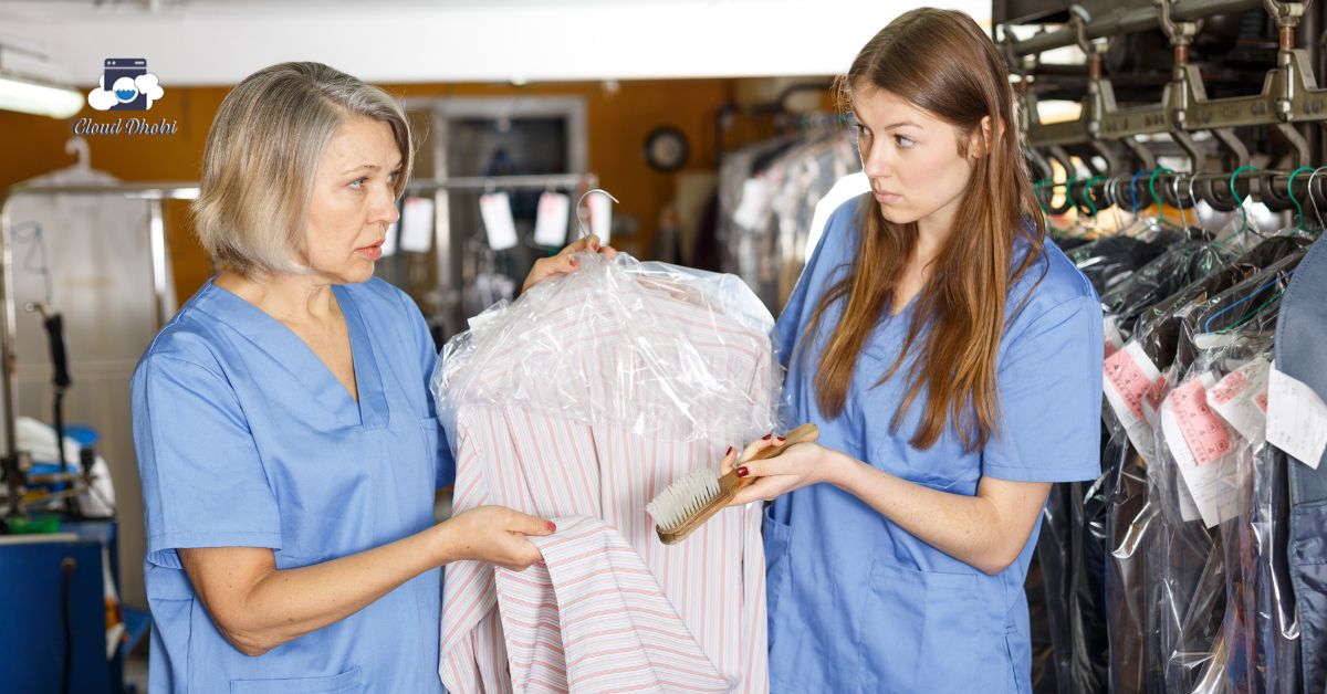 Dry cleaning clothes guide showing suits, silk sarees, and wool garments being professionally cleaned
