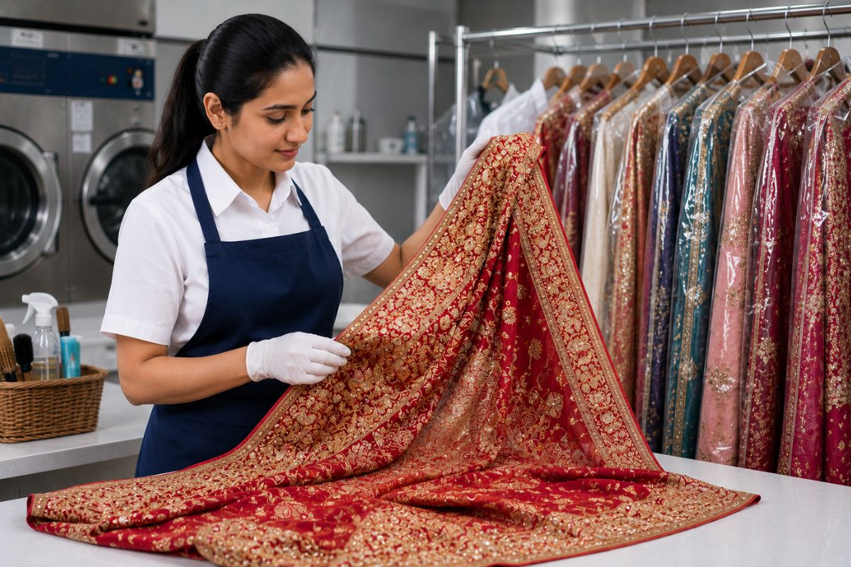 Professional bridal saree dry cleaning in a clean laundry shop