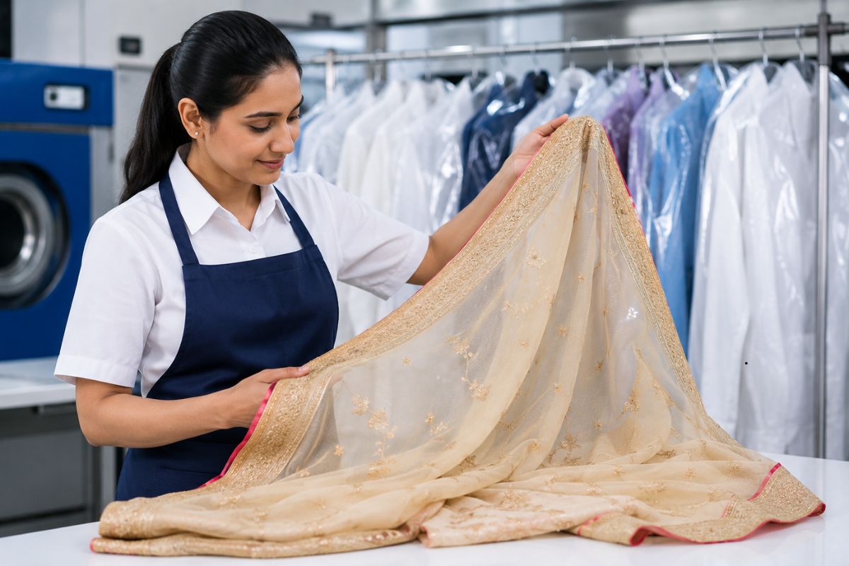 Designer saree being professionally cleaned in a laundry setup