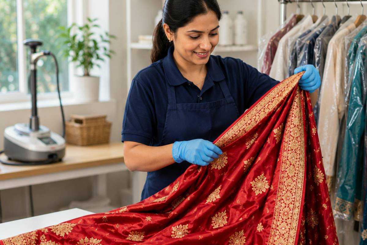 Silk saree being carefully handled at a professional dry cleaning shop