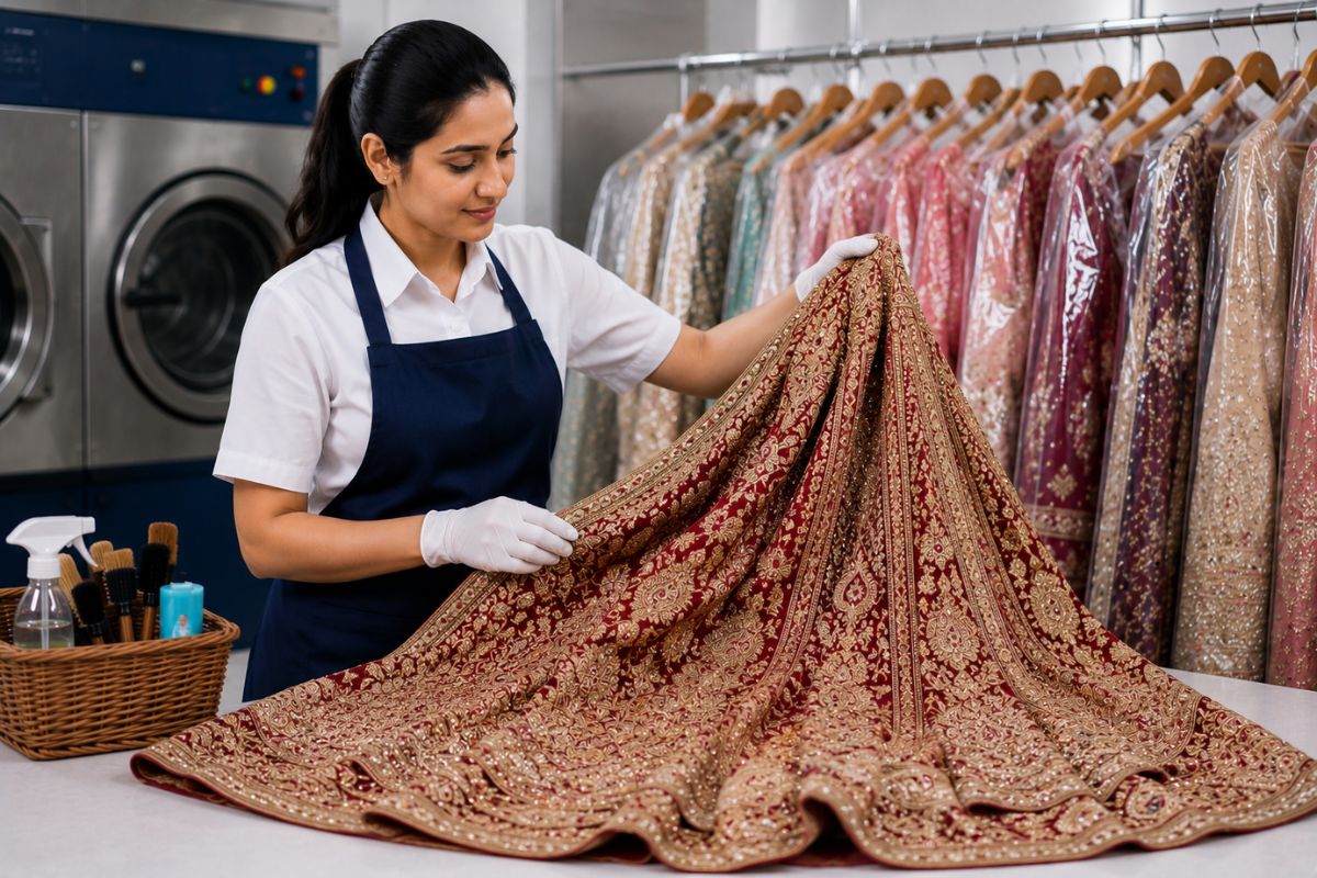Handled lehenga in a dry cleaning shop illustrating lehenga dry cleaning price