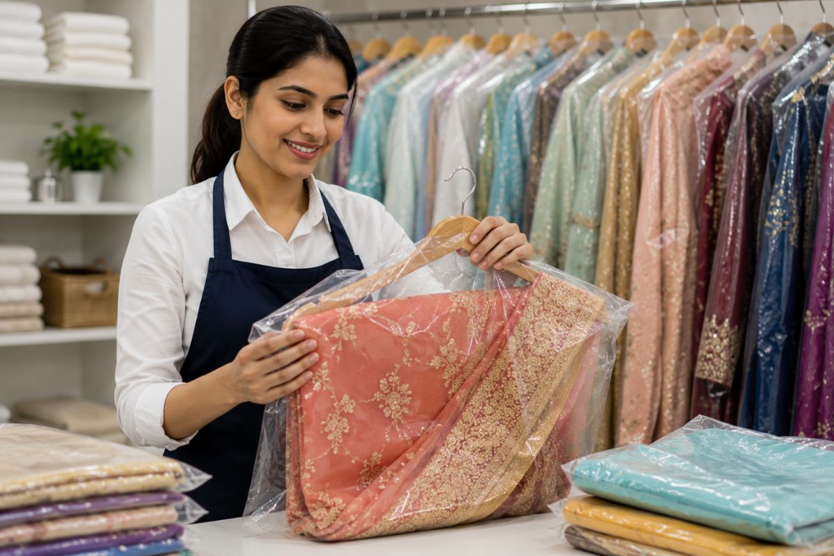 Staff handling colorful sarees in a dry cleaning shop in Delhi